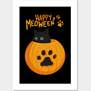 Happy Meoween! Cute Black Cat on Halloween Posters and Art